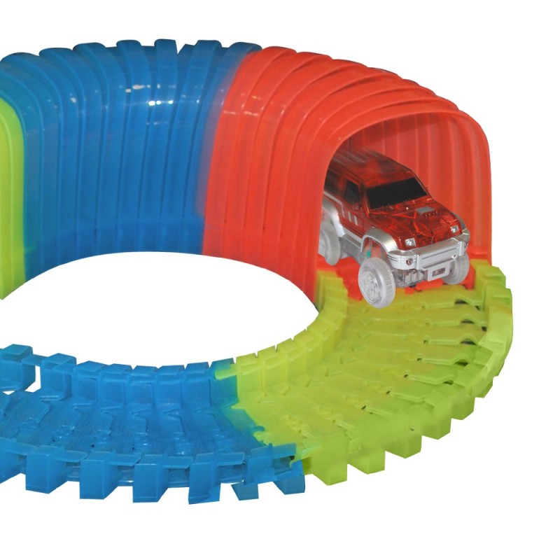 Circuit De Voiture Flexible Luminescent Lightning Speedy – 150 Rails + 30 Lumitunnels – Voiture 4x4 LED Incluse – Vu à La TV