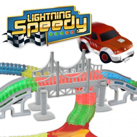 Circuit voiture, pont suspendu et accessoires ultra fun Lightning Speedy  flexible, modulable et luminescent