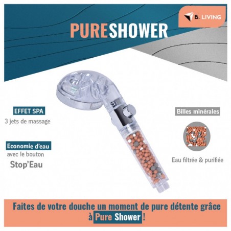 Pommeau de douche rechargeable à billes éco-thermales PureSpa 3 jets  coloris transparent