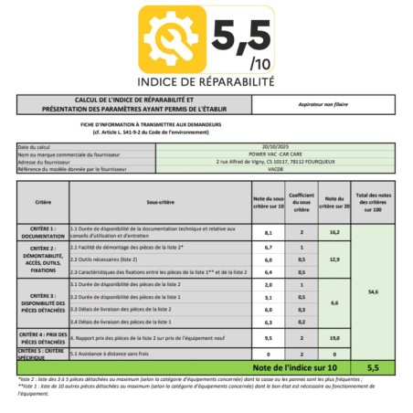 indice de réparabilité Power Vac